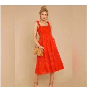 Hummingbird Linen blend red orange Boho maxi eyelet trim dress Sz M milkmaid